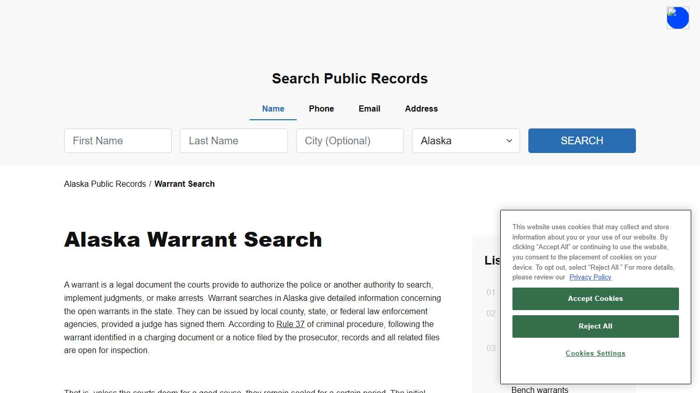 Alaska Warrant Search and Records